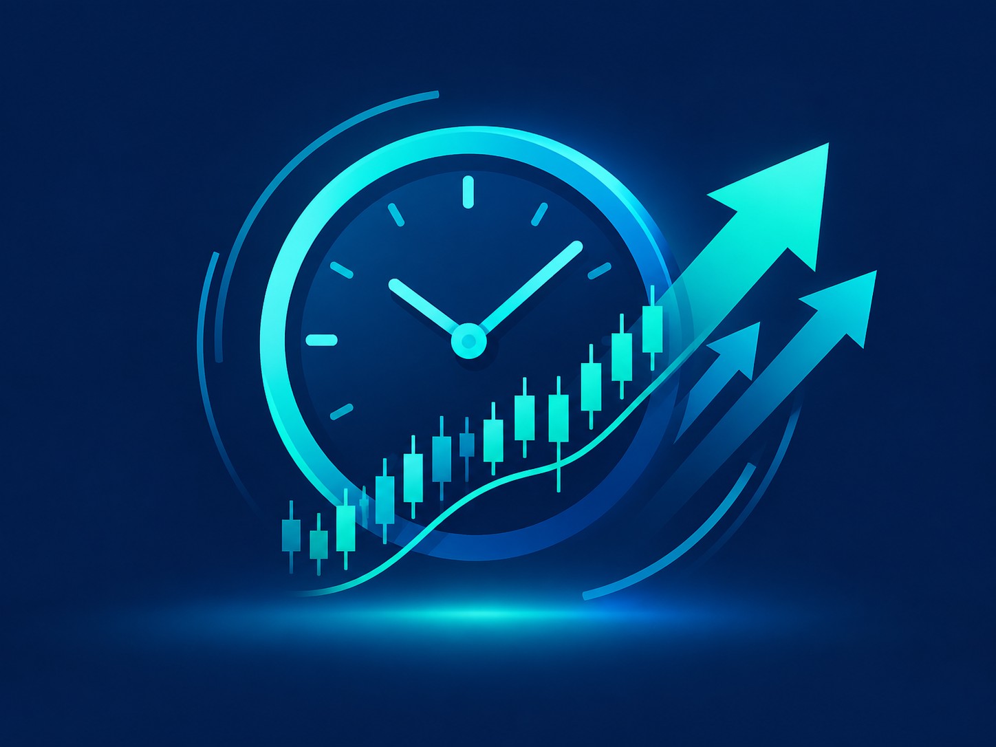Clock merged with a crypto chart and forward arrows
