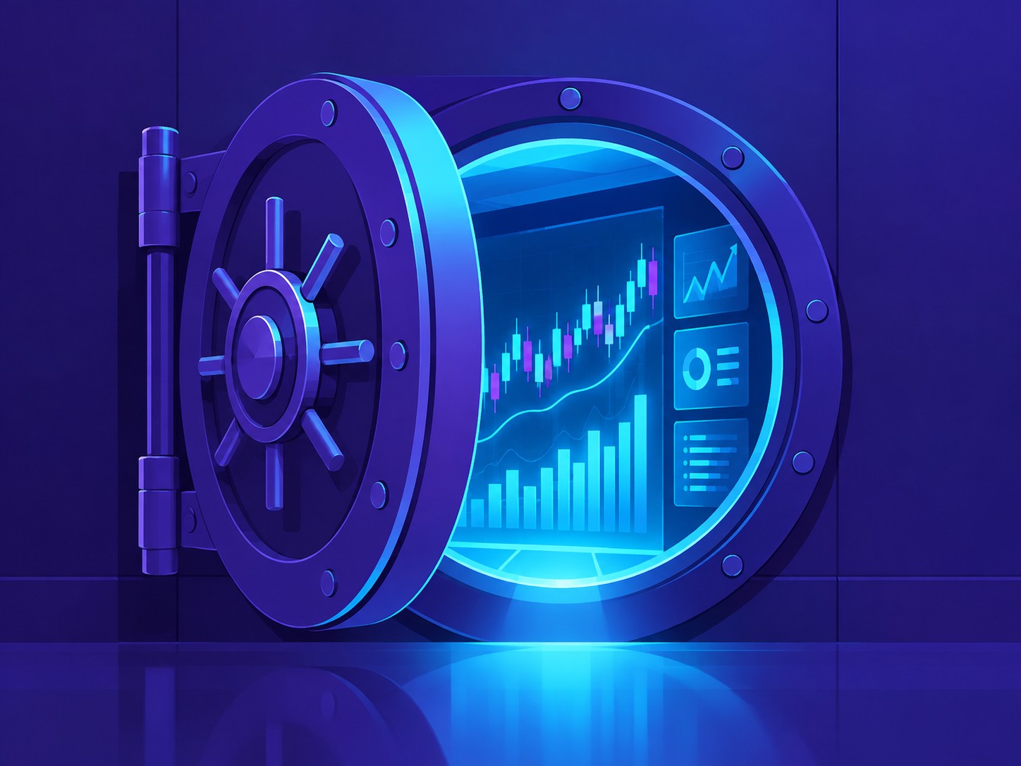 Bank vault door opening to reveal glowing stock charts