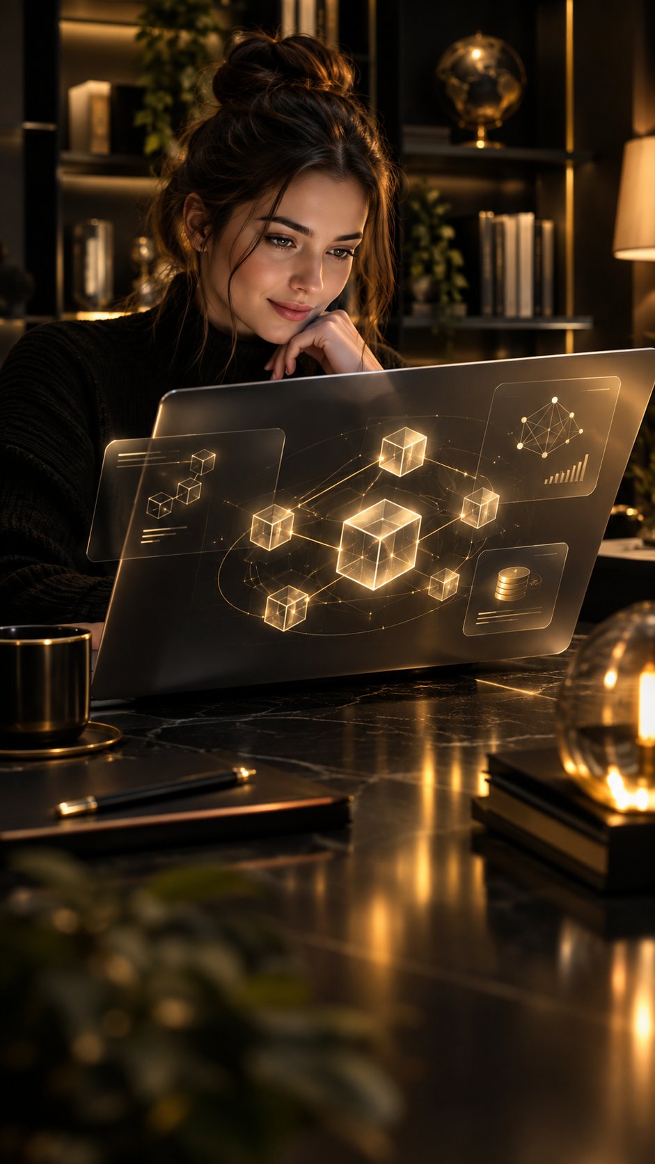Student laptop showing blockchain diagrams in a cozy study
