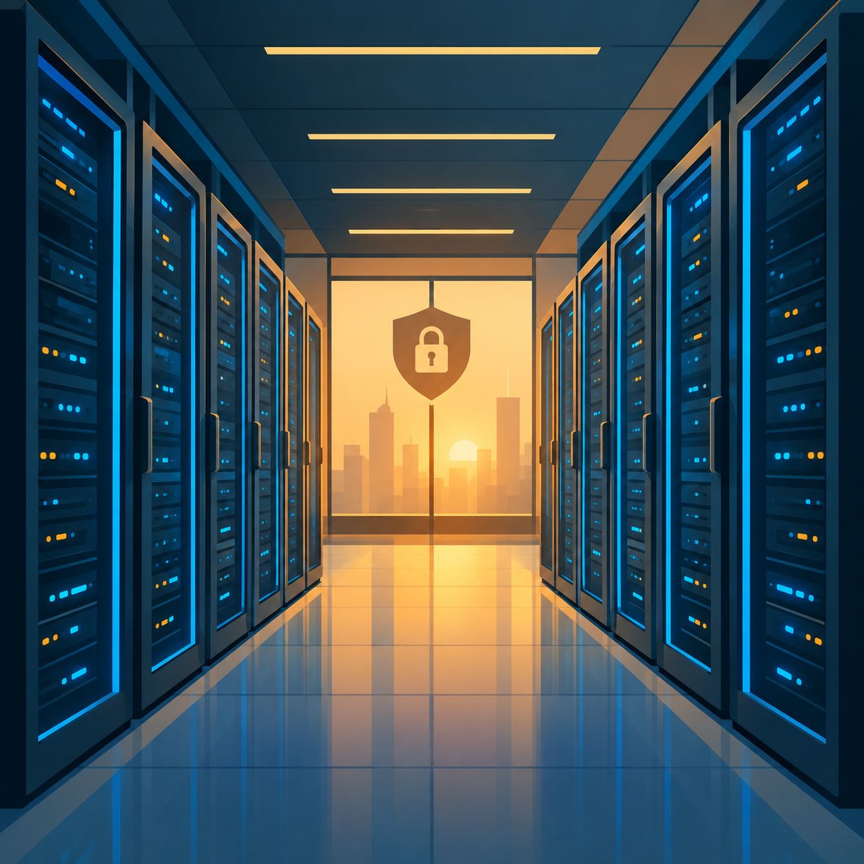 Modern secure data center corridor with blue lights