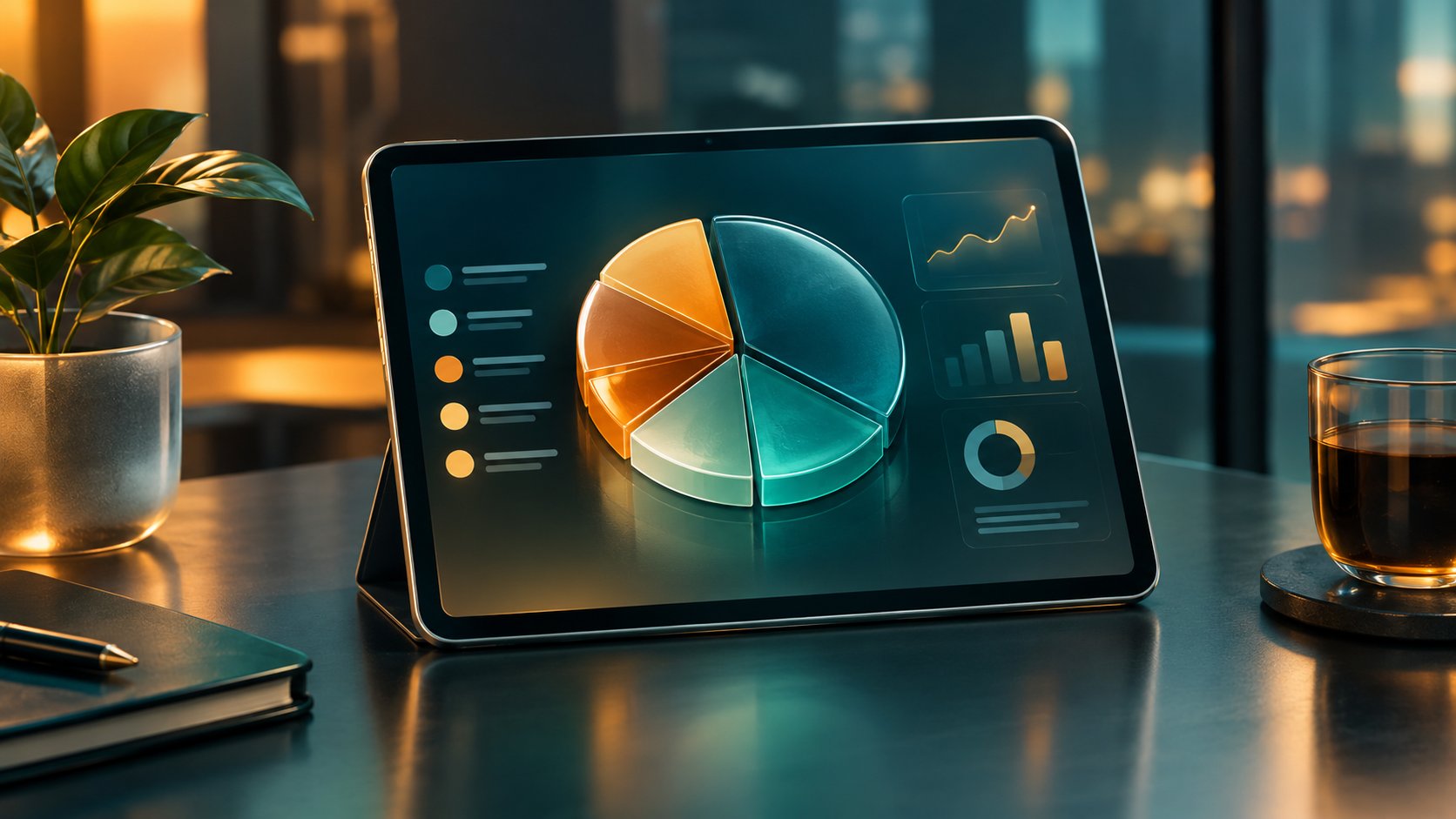 Tablet showing a diversified portfolio pie chart on a clean desk
