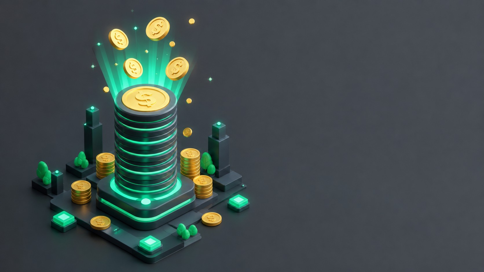 Coins stacked into a glowing tower that emits small reward coins