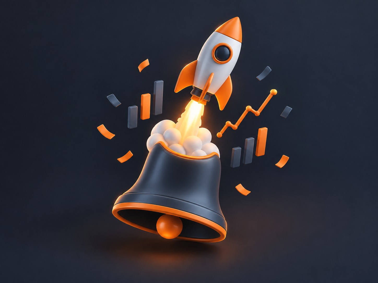 Rocket launching from a bell with confetti of chart lines